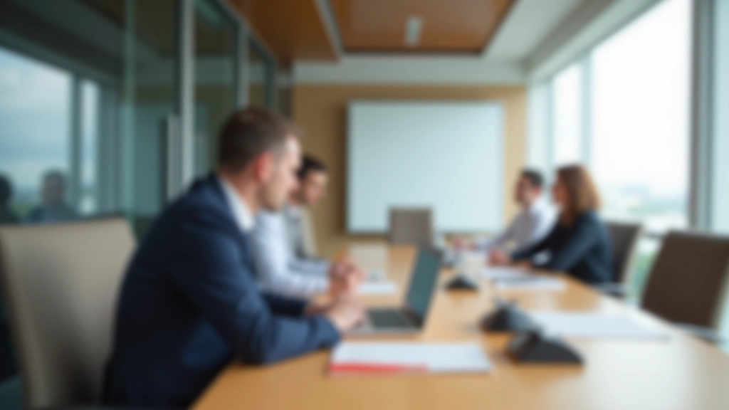 Profissional em sala de reunião moderna com mesa de conferência e cadeiras