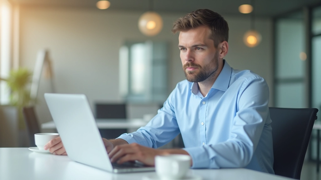 Profissional enviando email de sumário pós-reunião ao seu computador