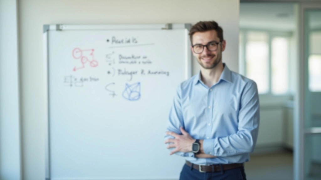 Profissional em pé próximo a quadro branco com notas e diagramas de acompanhamento