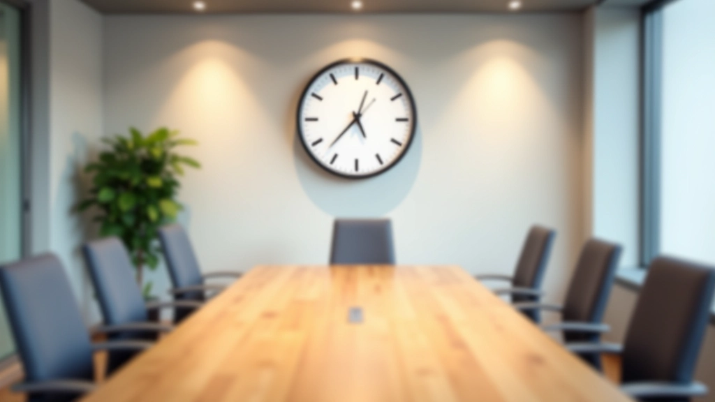Relógio de parede em sala de reunião moderna com cadeiras ao redor de mesa