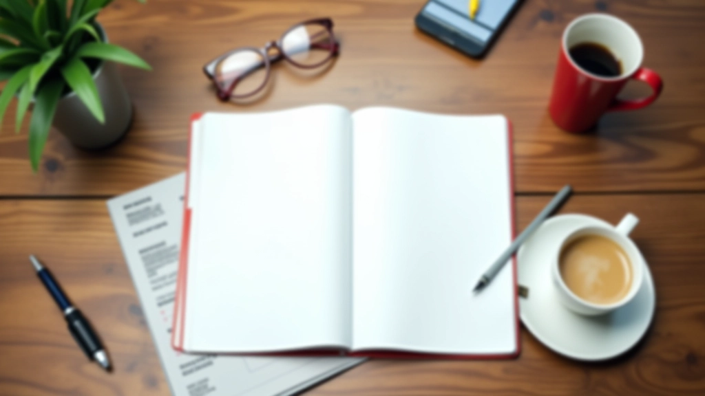 Agenda aberta com caneta em mesa de trabalho com café