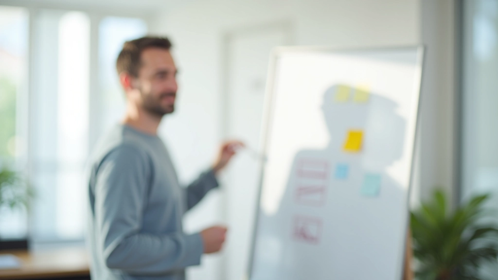 Profissional em pé próximo a quadro branco com notas e diagramas