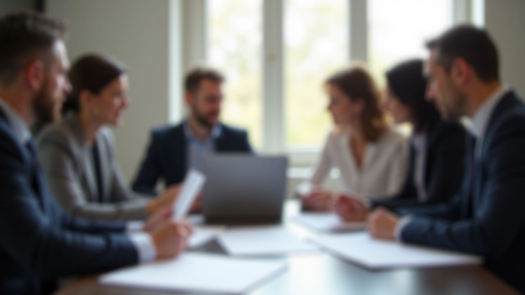 Equipa em discussão ao redor de mesa de madeira com anotações visíveis