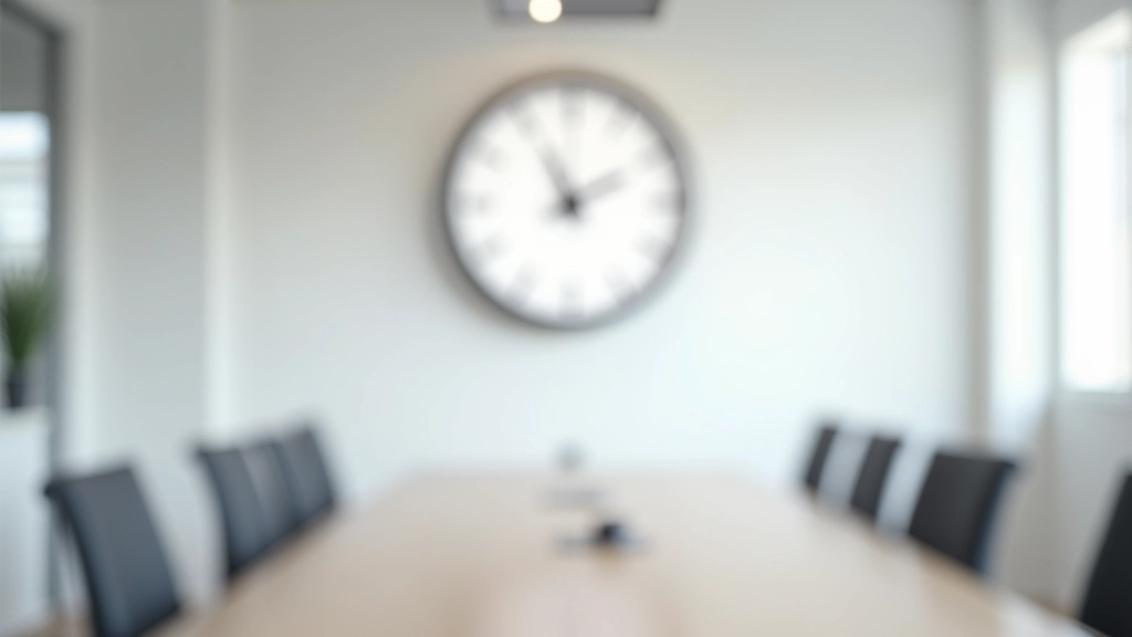 Relógio de parede em sala de conferência moderna com mesa de reuniões